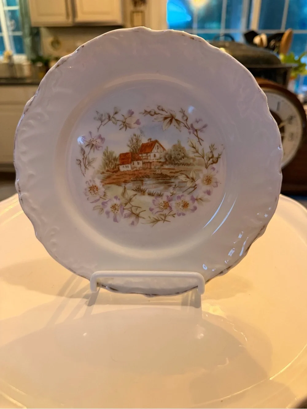Vintage White Porcelain Decorative Plate with Floral Cottage Motif